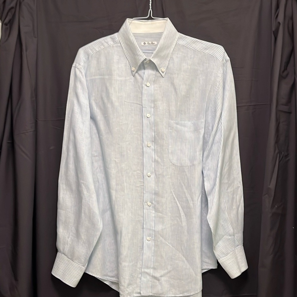 Loro Piana Men’s Button-Down 100% Linen Long Slv Blue/White Striped Shirt. 18/45